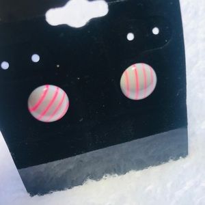 Pink and Gray Striped Button Stud Earrings